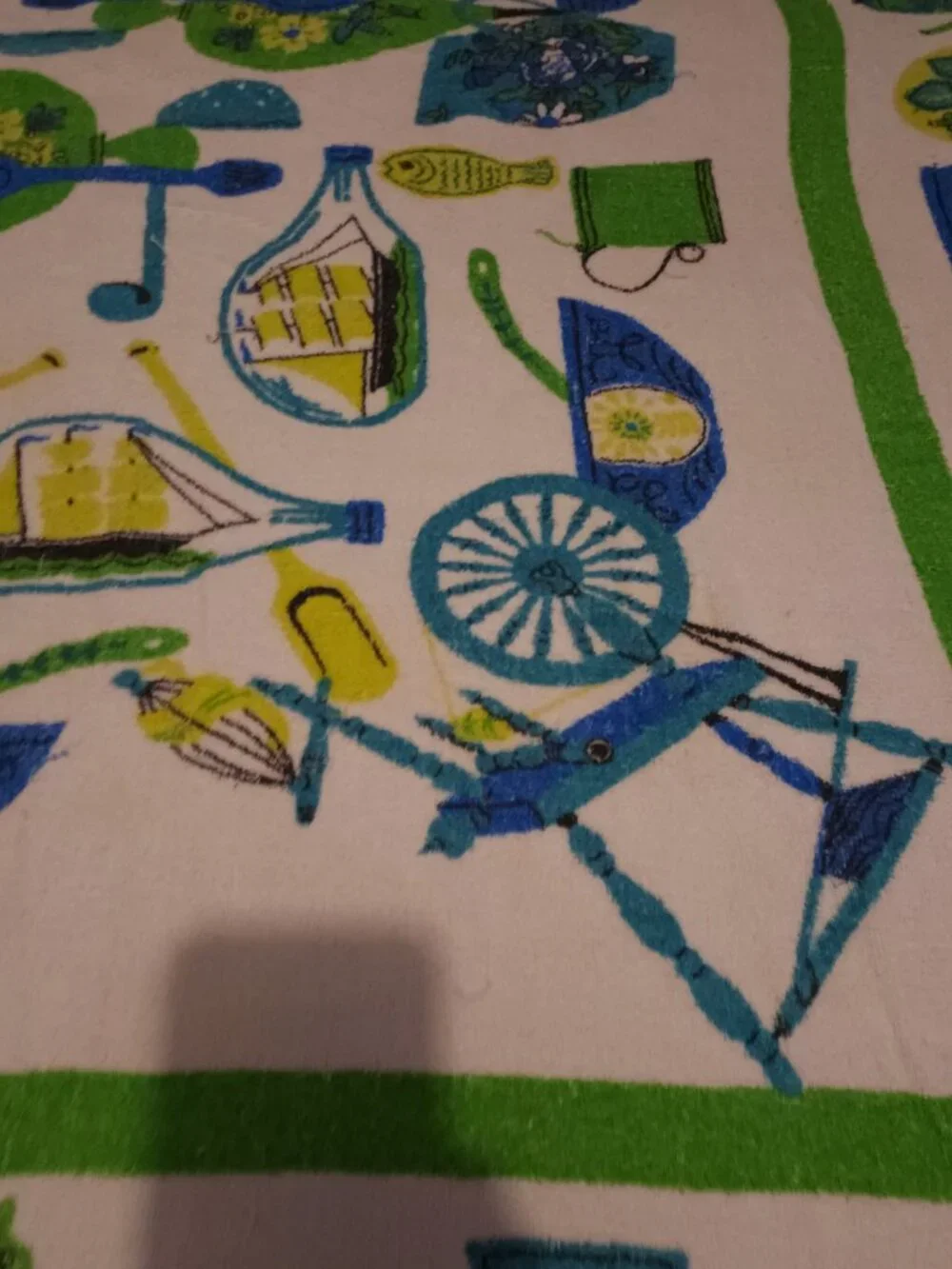Vintage MCM Kitschy Kitchen Fabric Spice Vegetables Blue Green Brown Table Cloth